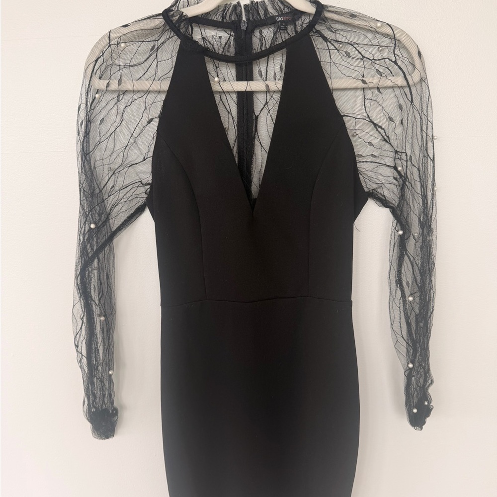 Black One-Shoulder Sheath Dress with Sheer Pearl-Trim Capelet